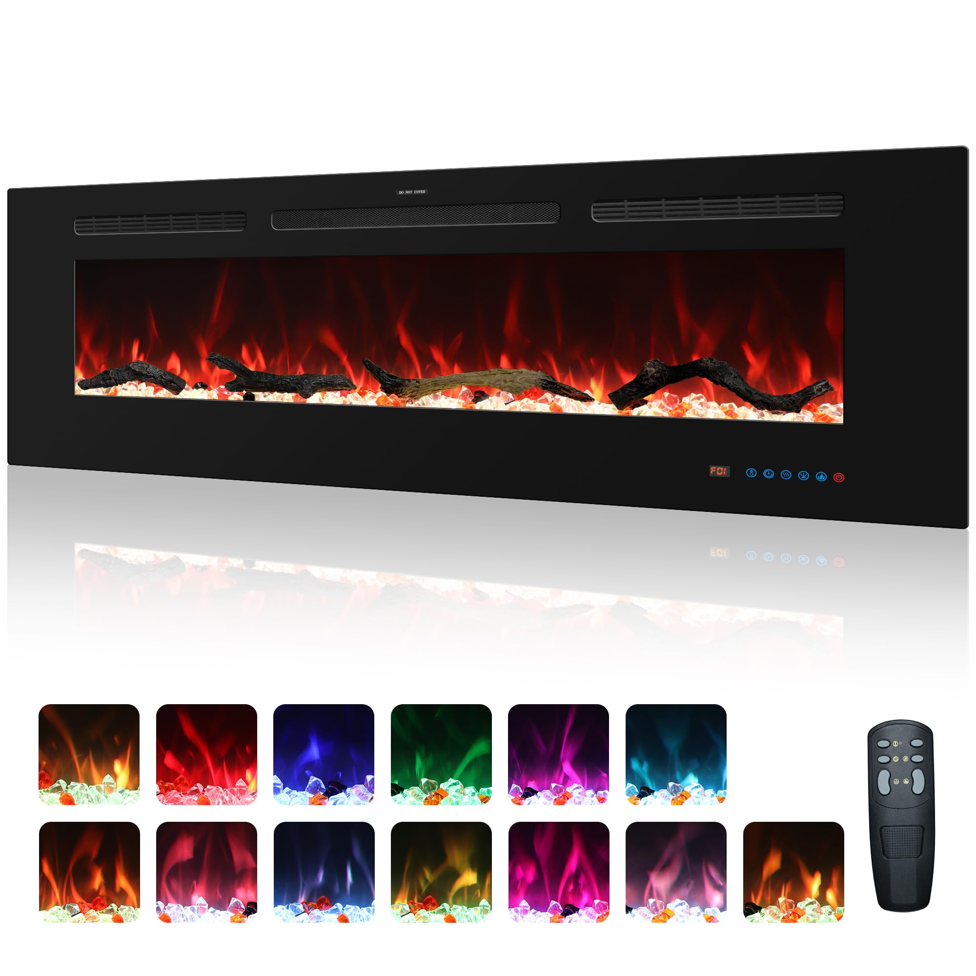 127 cm caminetto elettrico, caminetto da incasso e riscaldamento a parete, caminetto lineare 750W/1500W con telecomando, touchscreen, 13 colori di fiamma, timer, cristallo Log