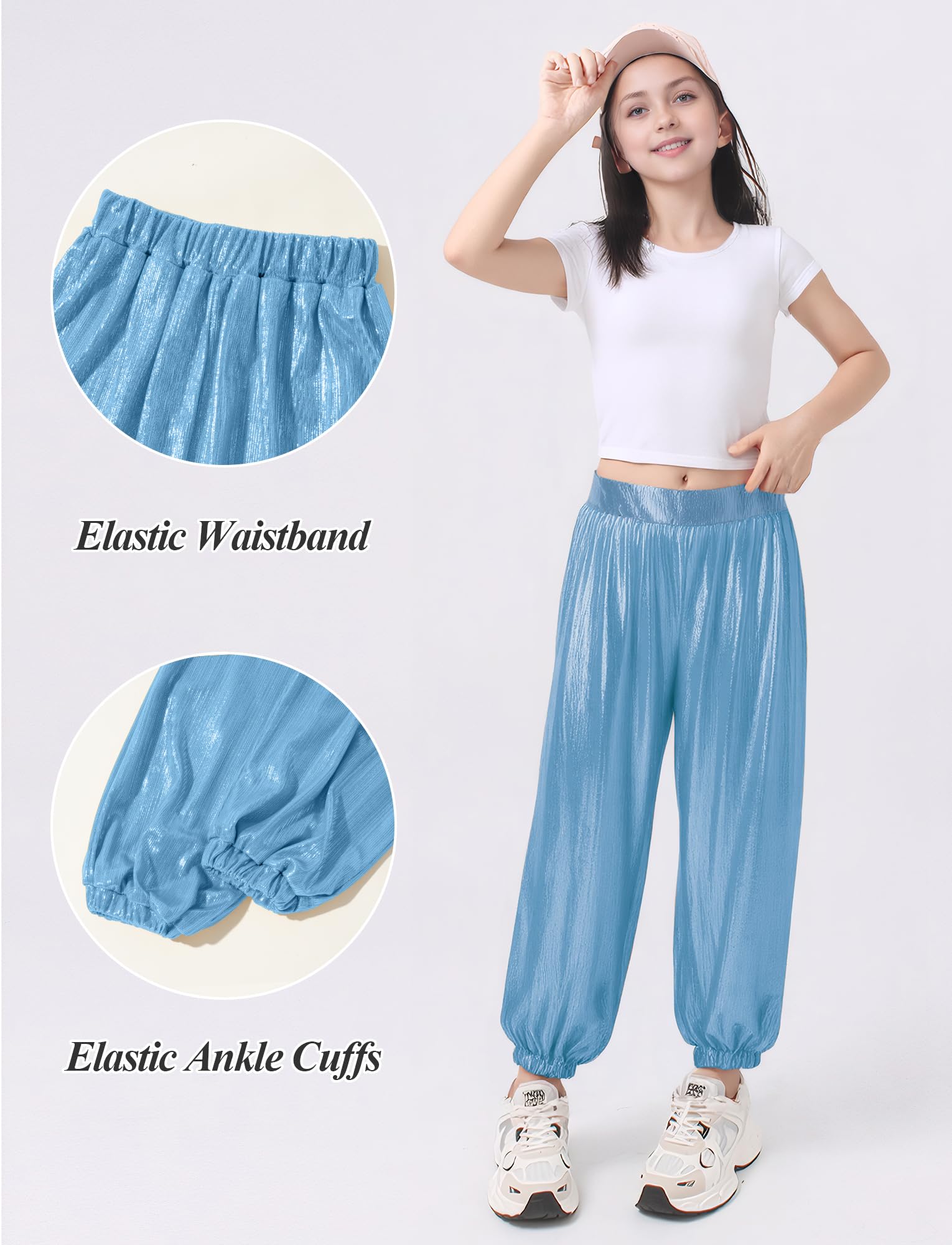 SEAUR Pantalones brillantes para niños y niñas, pantalones de baile hip hop, pantalones de chándal metálicos, festival, fiesta, danza, ropa de calle 110-160 = (EU 104-158)