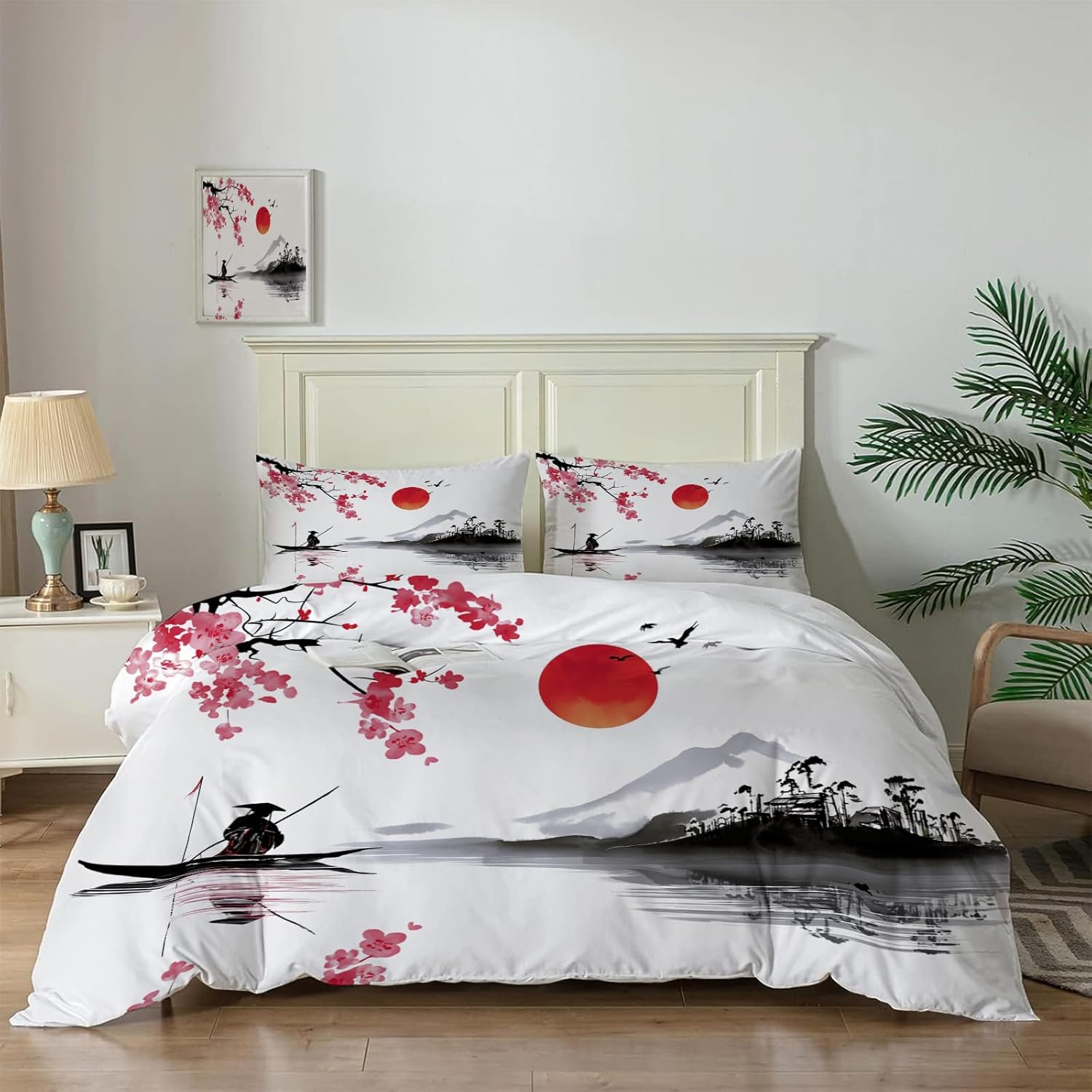 Cherry Blossom Ship Scenery Duvet Cover Set for Girls Kids Japanese landscape traditional artCherry Blossom Ship Scenery Duvet Cover Set for Girls Kids Japanese landscape traditional art Print Bed