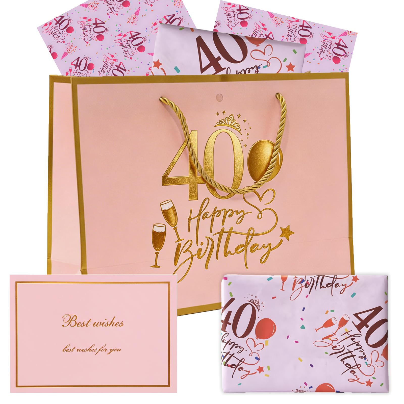 40th Birthday Gift Bag with Card & Wrapping Paper, Pink Gold Foil Keepsake Present Bags for Girls Her Best Wishes, Elegant 40 Year Old Anniversary Party Christmas Decorations Supplies