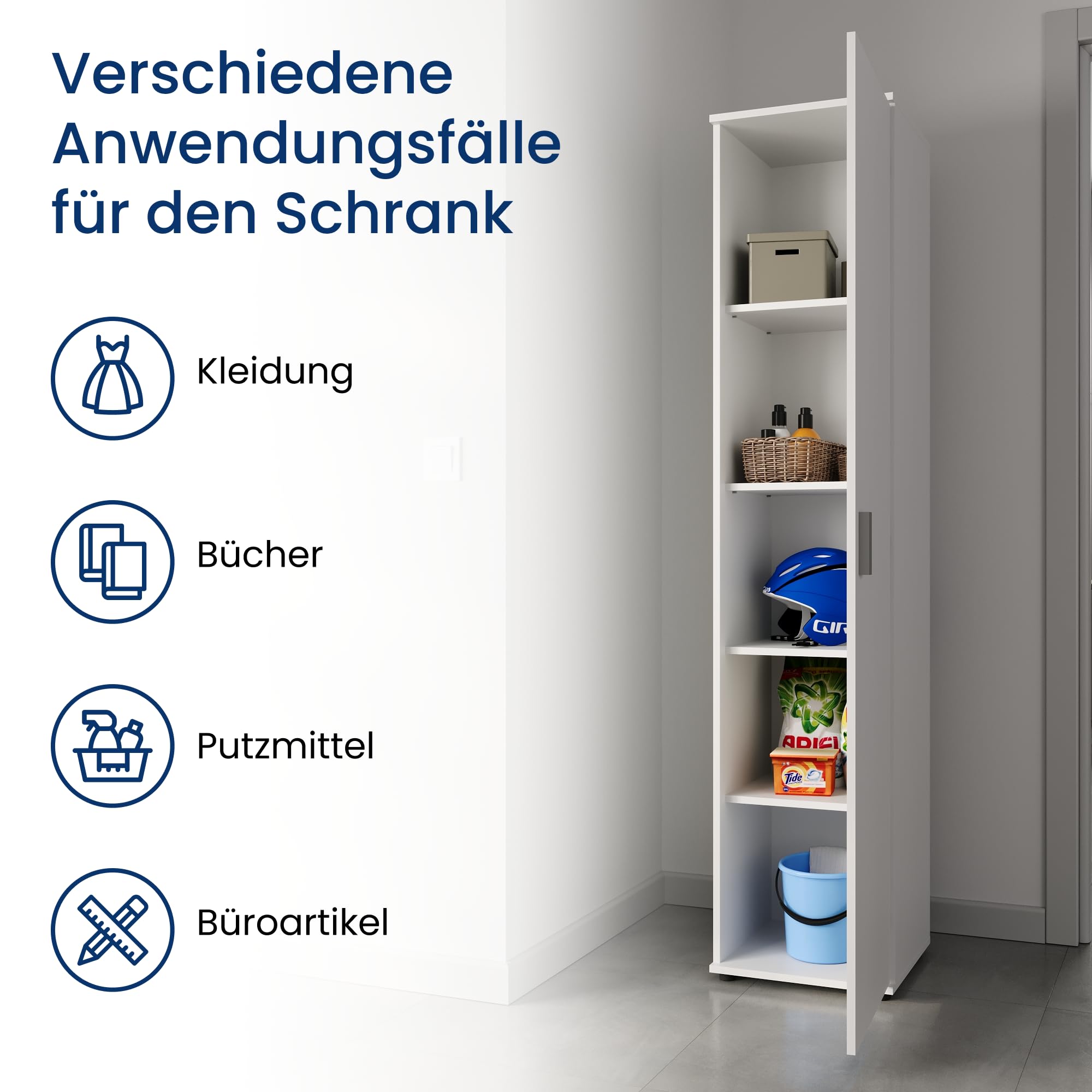 Home Collective Mehrzweckschrank Schmaler Schrank 40 cm mit 1 Tür & 4 Einlegeböden | Universalschrank Haushaltsschrank für Haushalt, Flur, Büro oder Schlafzimmer | 40x35x184 cm (BxTxH) | Weiß