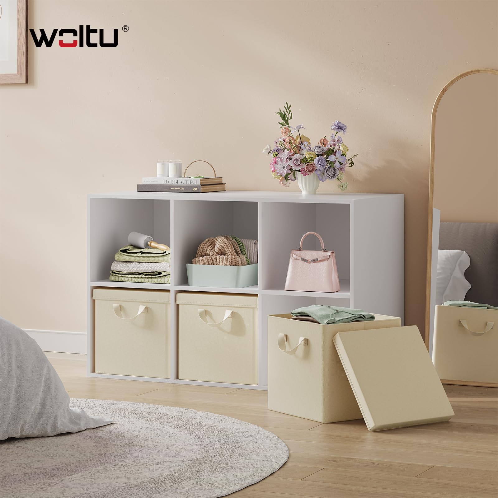 WOLTU Faltbare Aufbewahrungsboxen 10 Stück,mit Deckel,Creme, 30x30x29cm | Stoffboxen，Metallrahmen，Aufbewahrungswürfel für Wohnzimmer, Schlafzimmer, Arbeitszimmer, Mehrzweck,