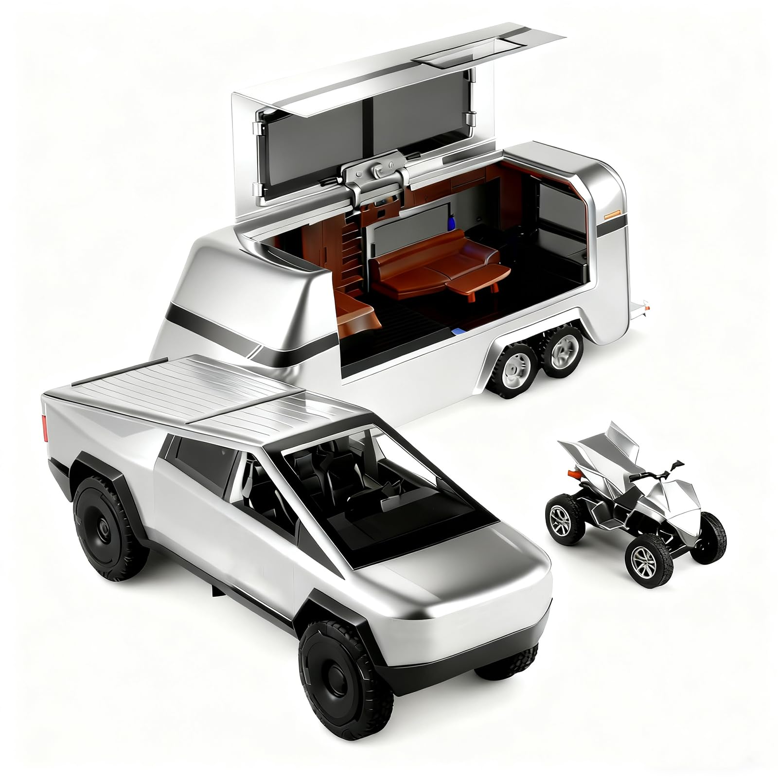 1/32 Pickup Truck Toy car 3-in-1 Travel RV Set with Metal Pickup, Removable Camper & Off-Road Motorcycle Cool Sound & Light Effects,Christmas Birthday Gift (Silver)