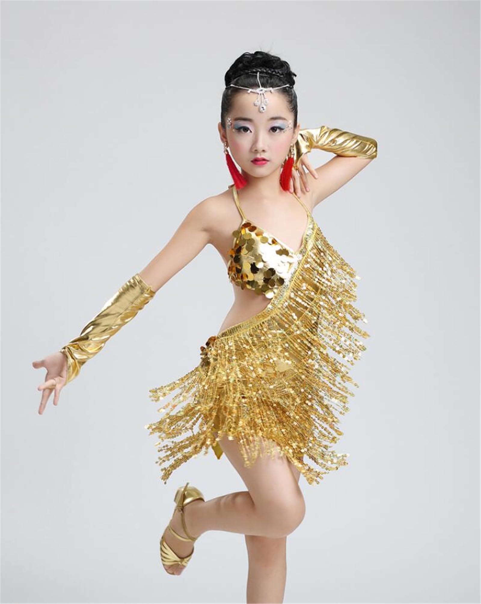 EFLAL Vestito da Nappa da Ballo Latino con Paillettes per Ragazze Samba Tango Salsa Belly Ballroom Dancewear Costumi da Competizione di Danza