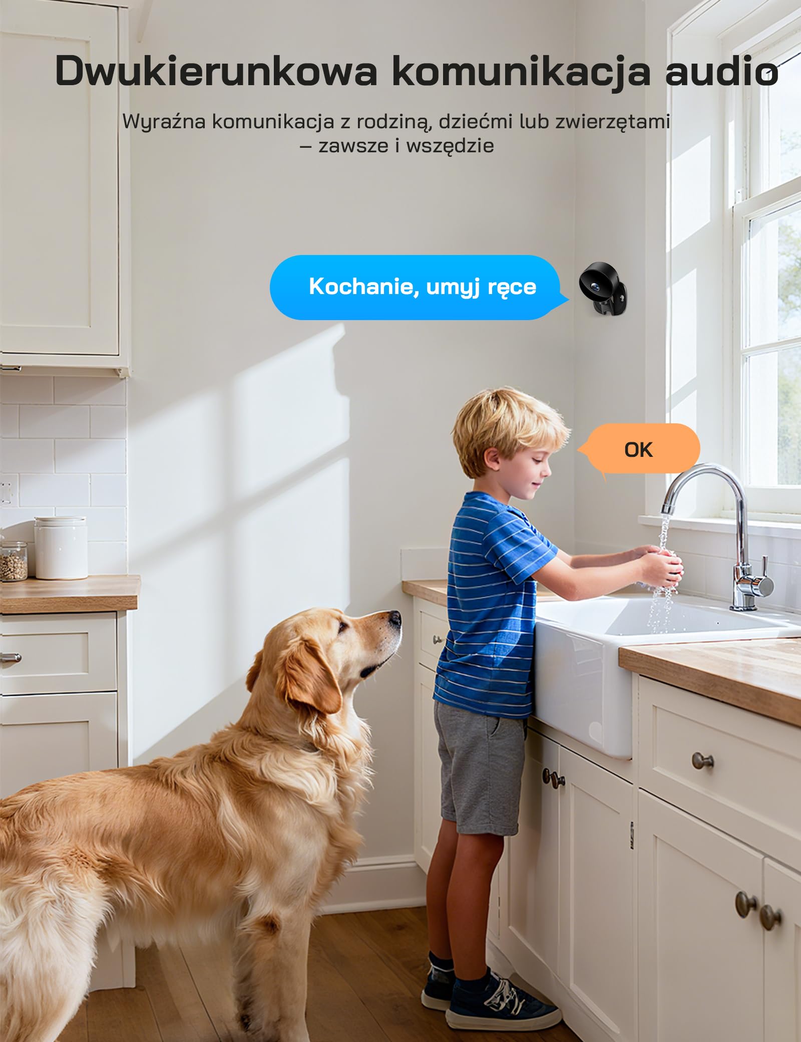 WOLFANG Kamera Wewnętrzna WiFi 1080P, Kamera Monitoringu Domowego z Noktowizją, Wykrywanie Ruchu, Dwukierunkowe Audio, Kompatybilna z Alexa i Google Home, Tylko WiFi 2,4 GHz