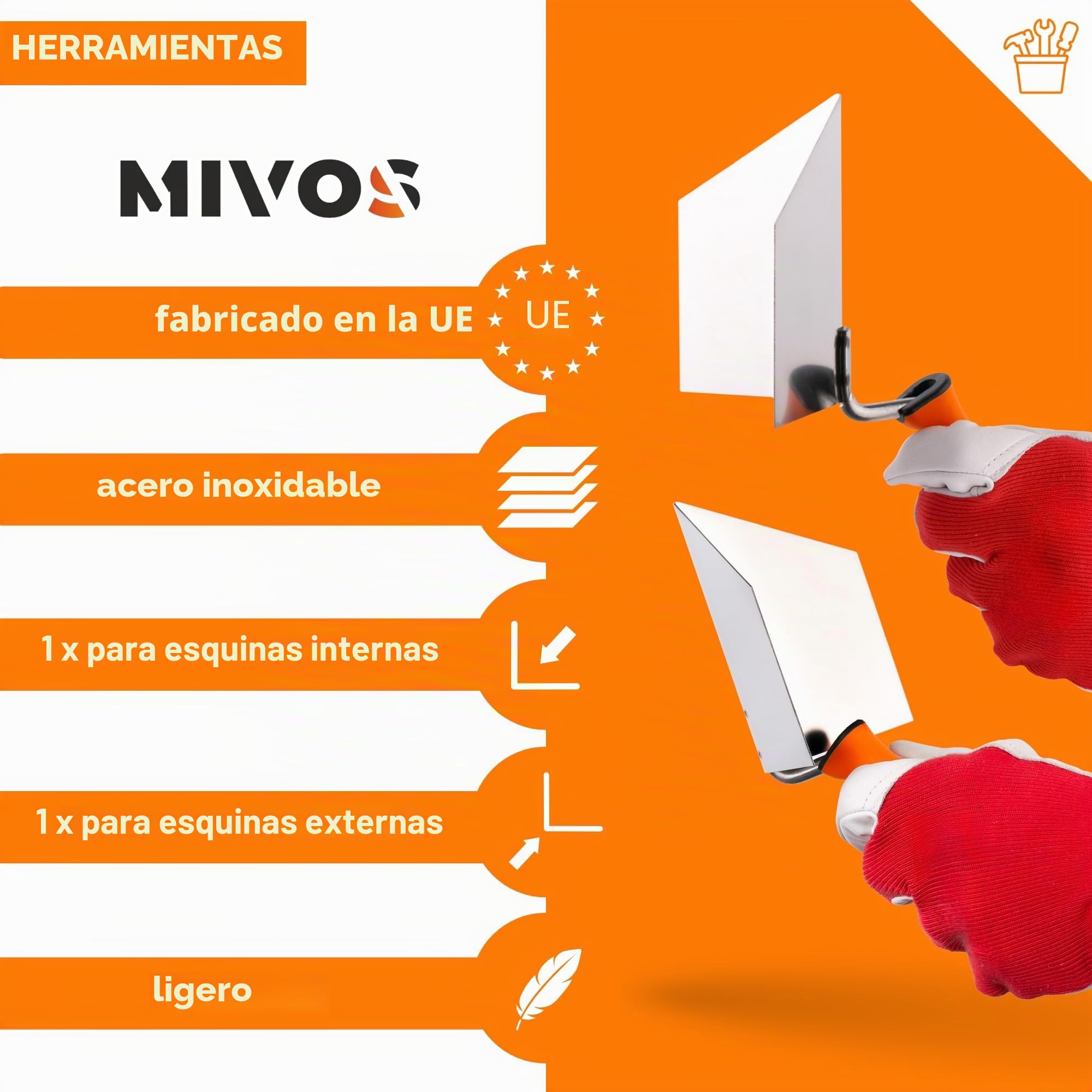 Mivos 2 paletas angulares inoxidables 125 x 75 mm - Paleta de Esquina interior y paleta angular exterior de acero inoxidable - interior y exterior con mango flexible - Espátula - MADE IN EU
