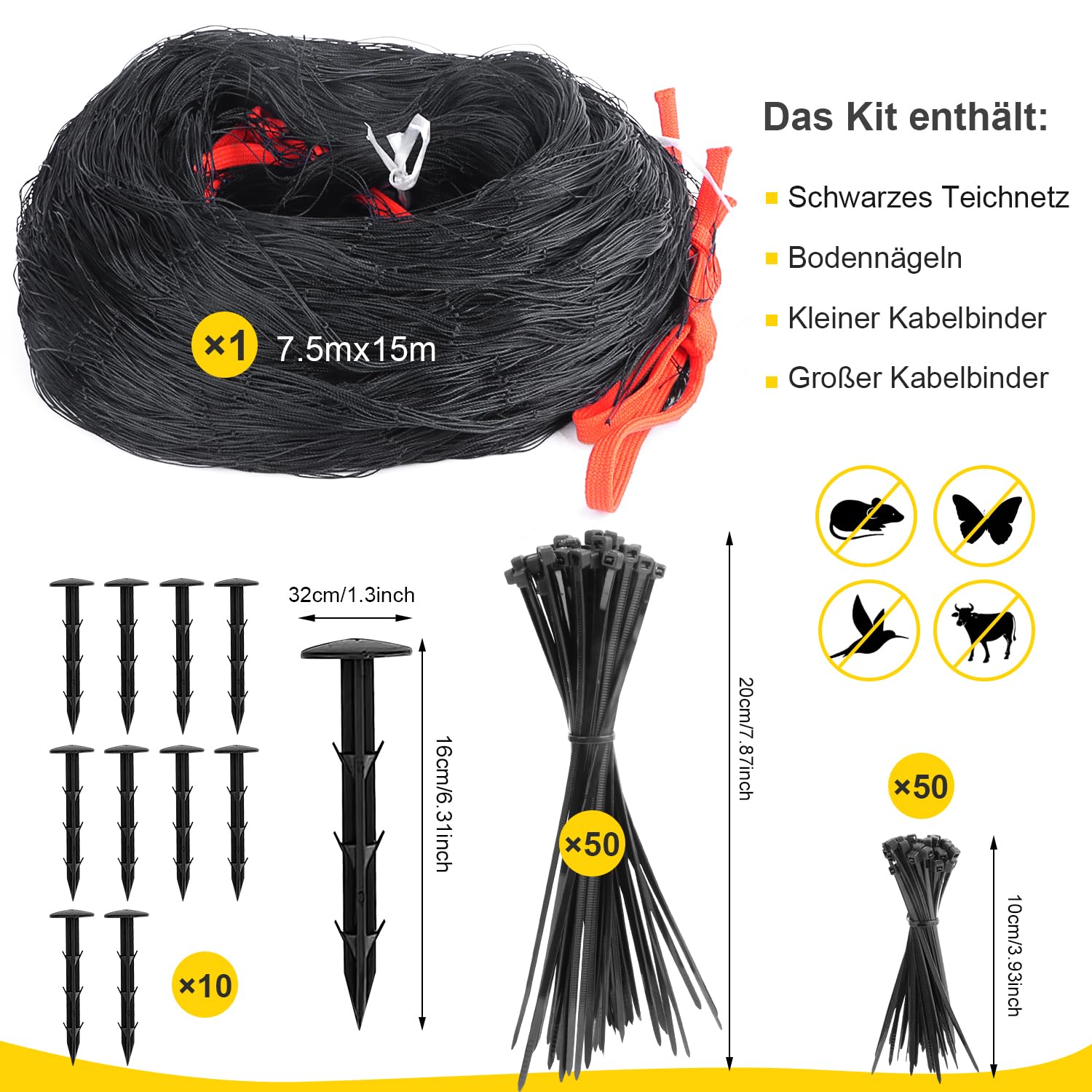 Rete protettiva per uccelli a maglia stretta, 7,5 x 15 m, con maglie di larghezza 5 cm, per balcone, laghetto, rete a maglia fine, per voliere, per foglie, colore nero, resistente alle intemperie e ai