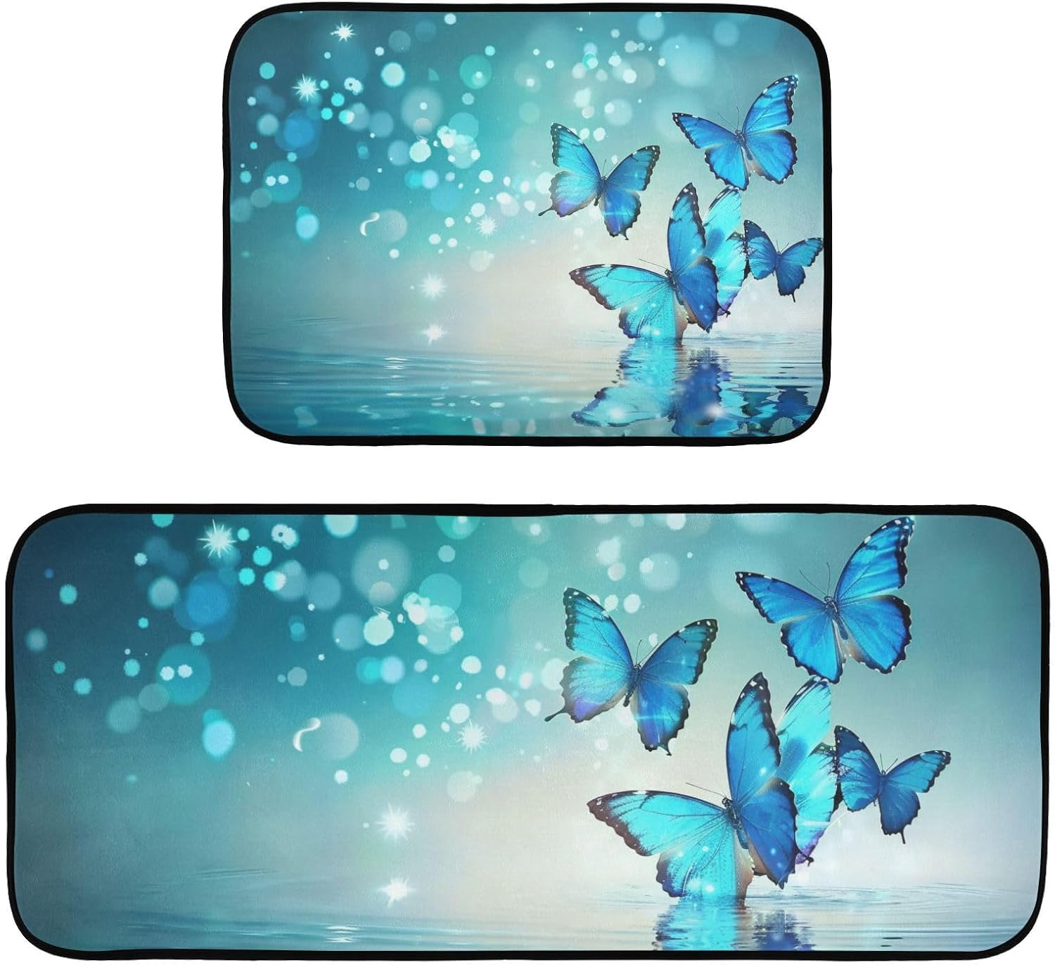 Blue Butterfly (5) Kitchen Rugs Set of 2, Cushioned Anti Fatigue Kitchen Mats Non Slip Washable, 19.7"x47.2"+19.7"x27.6"