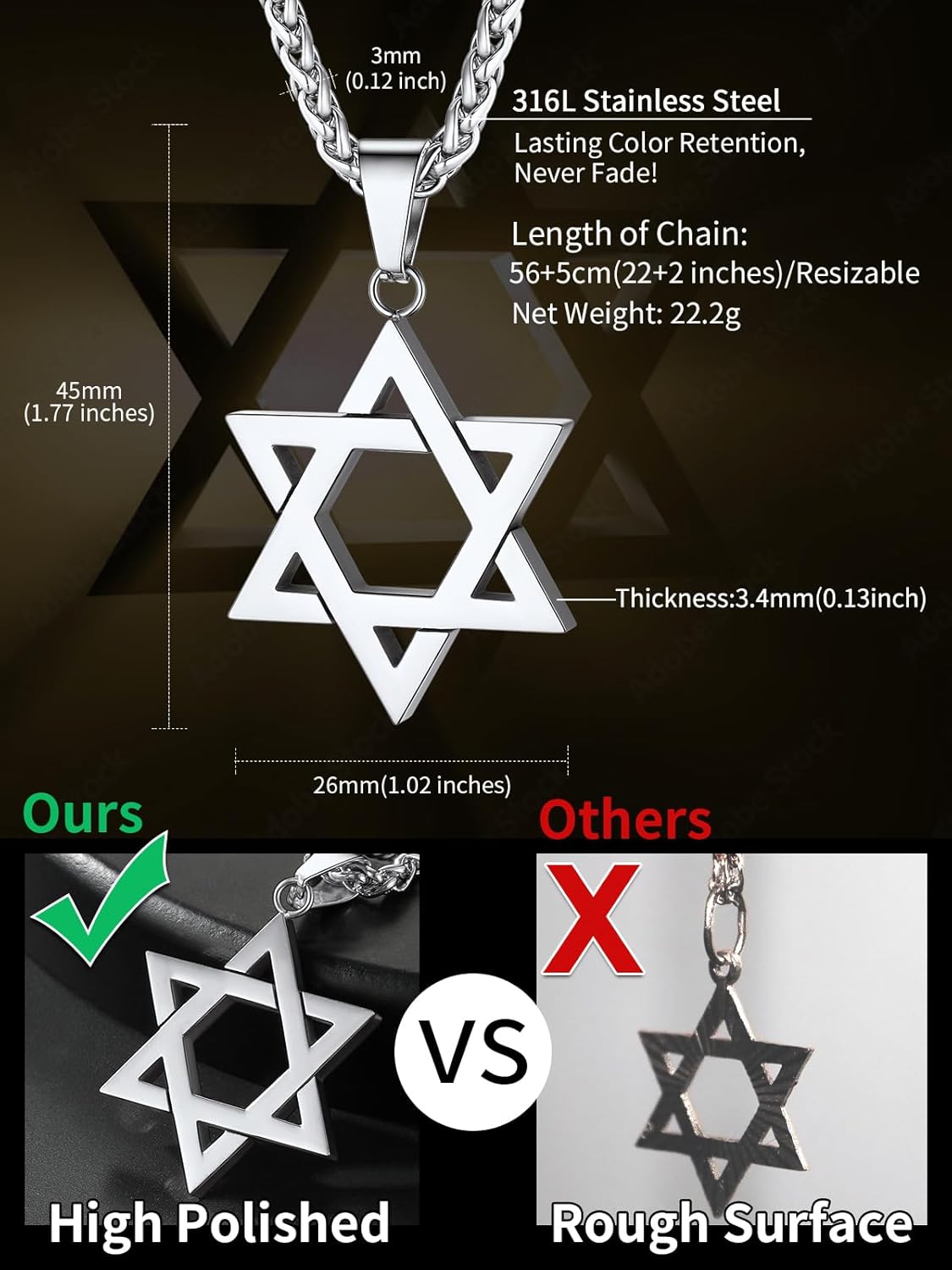 ChainsHouse Magen Star of David Necklace for Men Women, Stainless Steel/18K Gold Plated Hexagram/Dog Tag Pendant Jewish Israel Jewelry - Image 5