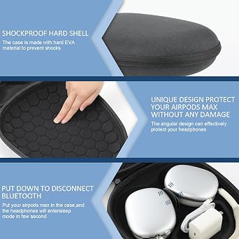 Maxjoy for Airpods Max Case, Smart Case Supports Sleep Mode, Hard Organizer Portable Travel Carrying Cover Storage Bag for Apple AirPods Max Headphone, Black Elliptical