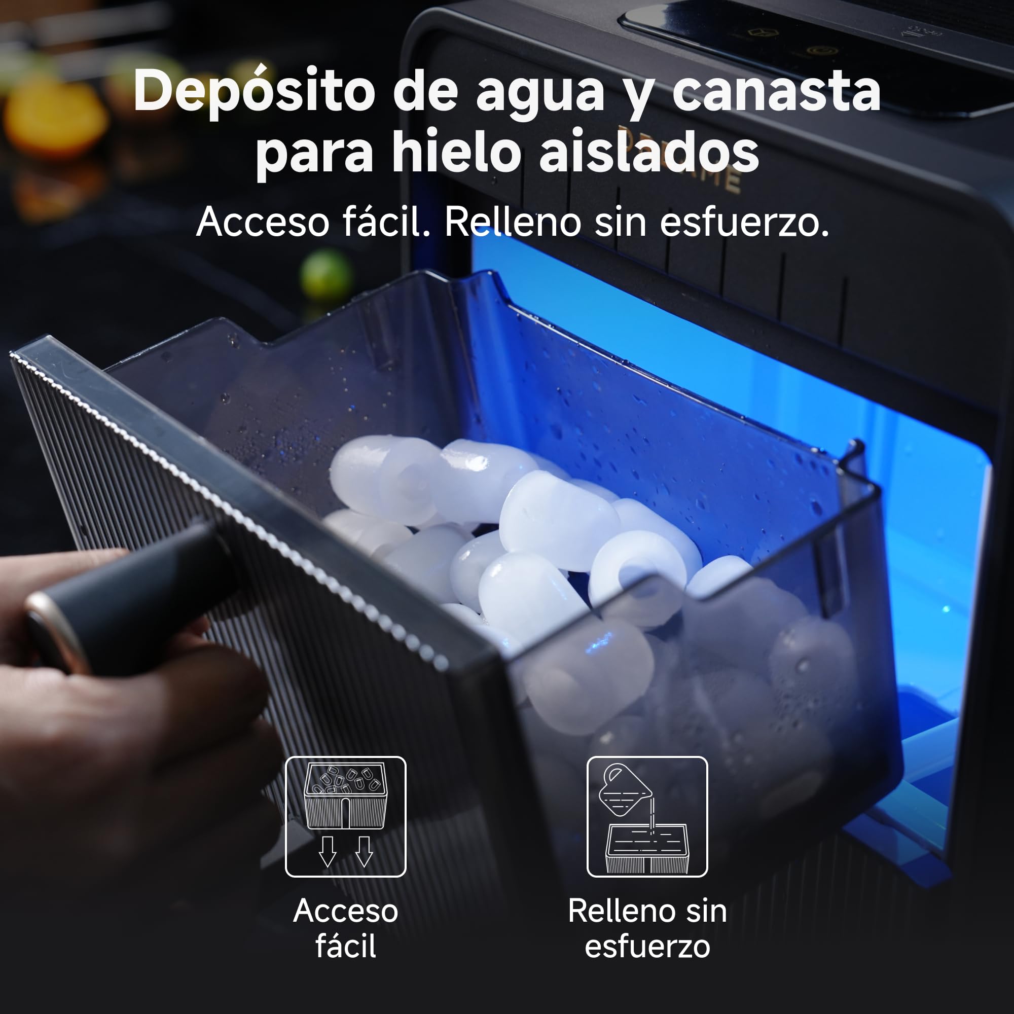 DRAEME AuraBullet Ice Máquina de Hielo En Cubitos Con Producción Rápida De Hielo En 6 Minutos, Depósito y Canasta Separados, Dos Tamaños de Cubitos, Control Digital, Luz LED y Función de Autolimpieza