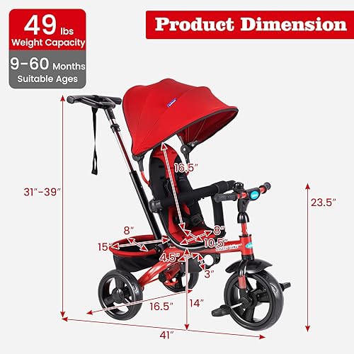 Miniatura 36 de INFANS Triciclo para niños, triciclo para bebés 6 en 1 con asiento reversible, mango de empuje ajustable, dirección de control, toldo extraíble
