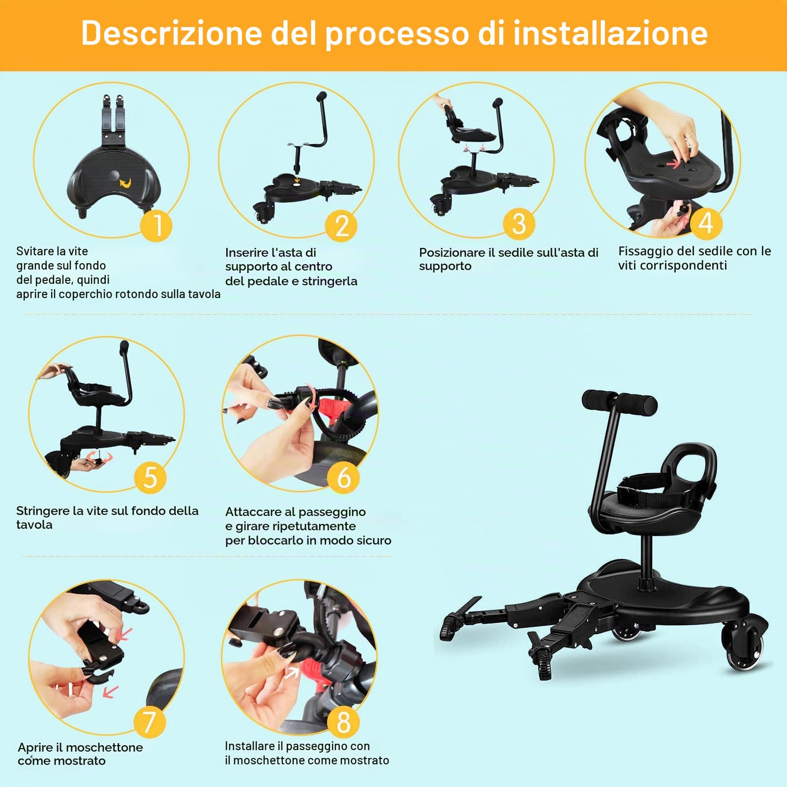 Pedana Passeggino Universale con Sedile, Tavolette Portatili per Passeggini incluso compatibile con quasi tutti i modelli, Tavola Passeggino con ganci per passeggini per Bambini da 2 a 6 Nnni