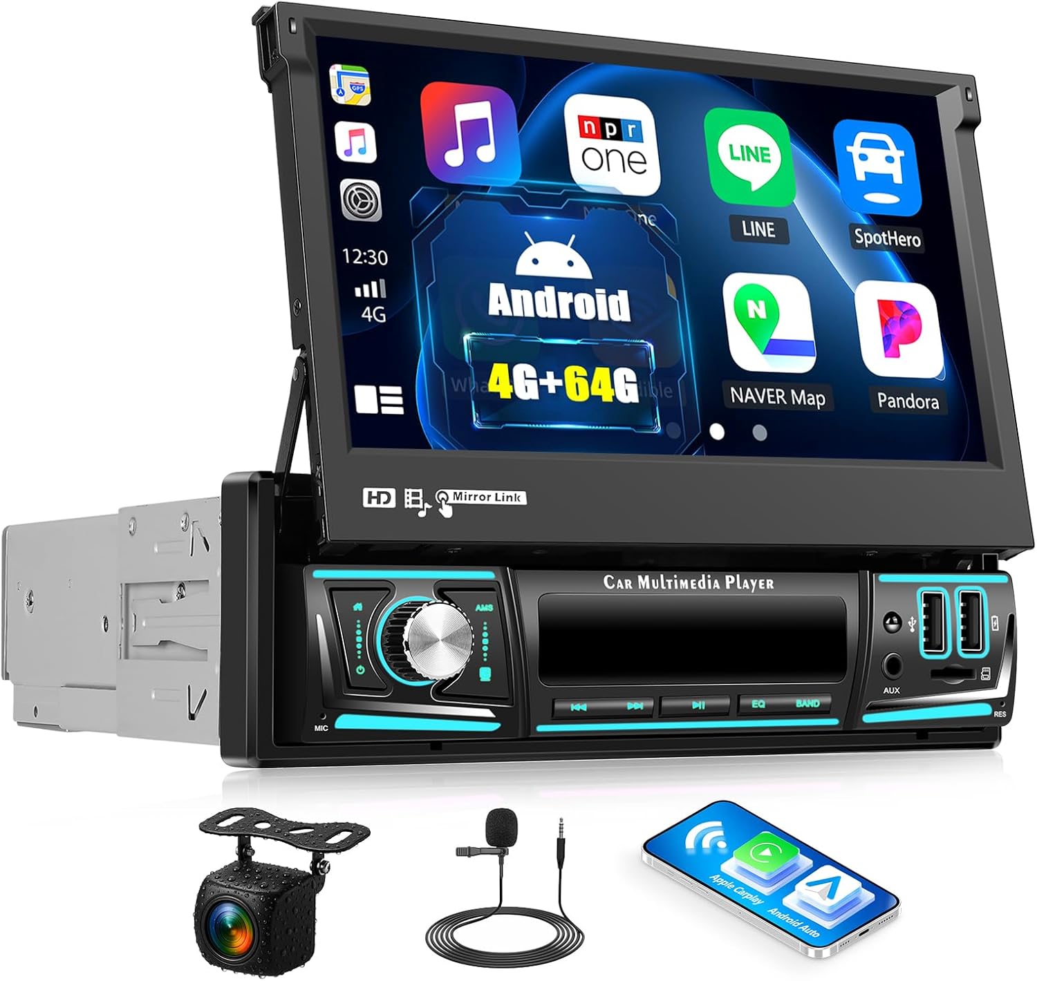 [4+64G] Android 15 Single Din Car Radio Stereo with Wireless Carplay & Android Auto,7'' Flip Out Touch Screen Car Radio with Mirror Link GPS WiFi FM/RDS Bluetooth EQ DSP USB Music/Fast Charging