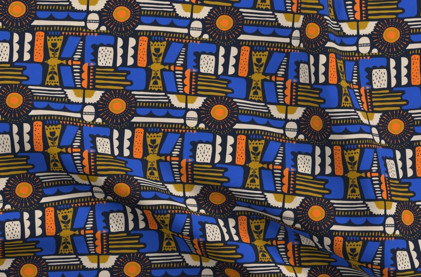 Spoonflower Fabric - Bold Abstract Geometric Shapes Native Bird Hieroglyphs Blue Orange Printed on Petal Cotton Fabric Fat Quarter - Sewing Quilting Apparel Crafts Decor
