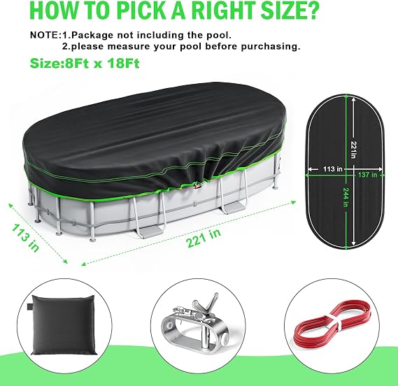 8X18 Ft Oval Pool Cover - Heavy Duty Solar Rectangular Pool Cover Protector, Waterproof & Tear-Resistant with Winch & Cable, Ideal for Winter & Dustproof Use