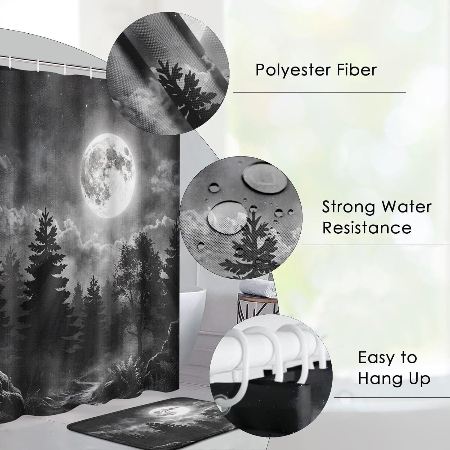 Pamnest 4 Pcs Shower Curtain Sets, Moon Forest Celestial Waterproof Bathroom Sets with Non-Slip Rugs,Toilet Lid Cover and Bath Mat, Accessories Modern Home Bathroom Decor 72" X 72"