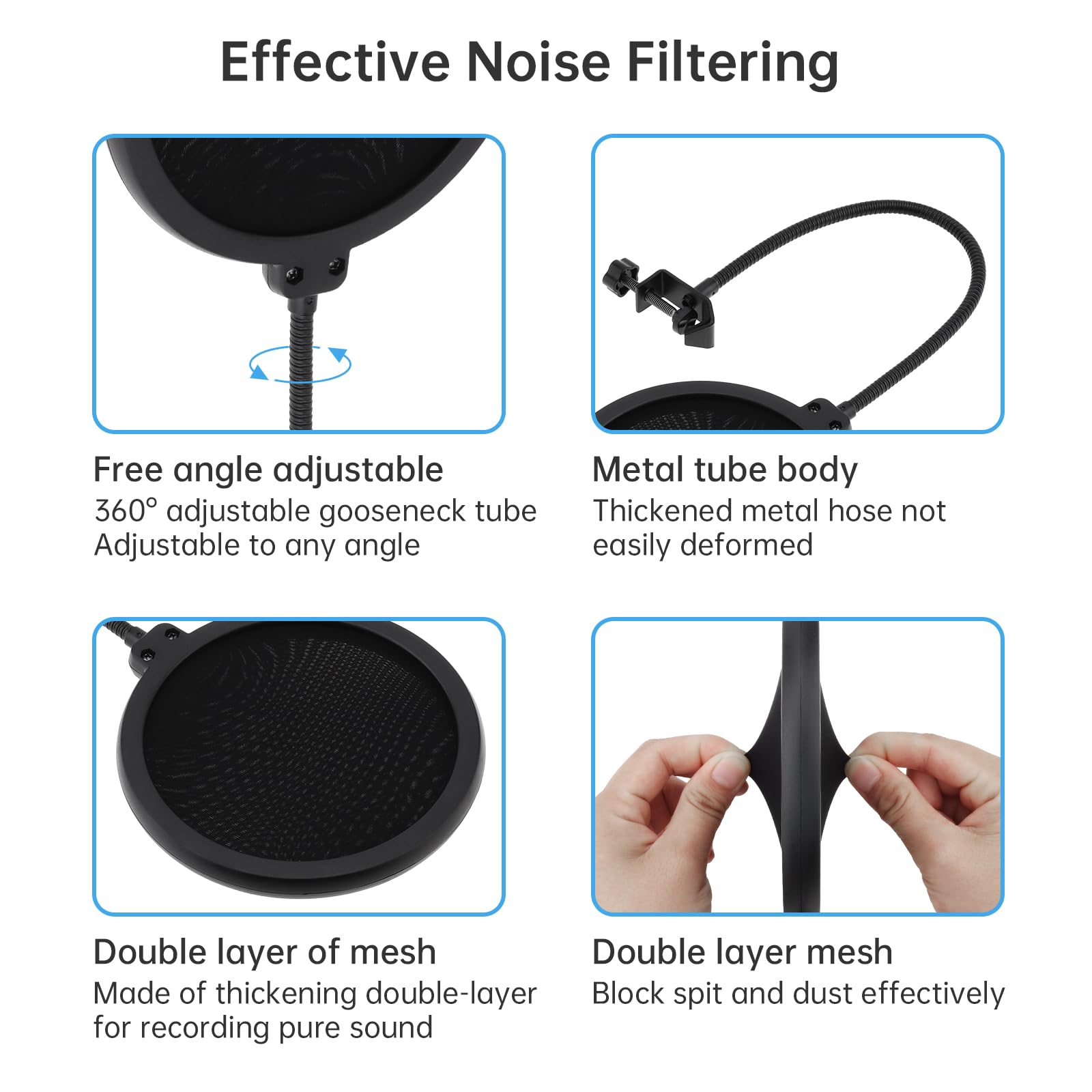 Soporte antivibración para micrófonos de condensador de 46 mm a 50 mm con filtro pop para grabación de música de estudio, pantalla Wind Pop flexible de 360 grados con cuello de cisne