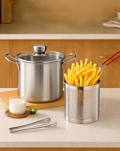Miniatura 2 de Olla de acero inoxidable de 3.2 cuartos de galón con cesta y tapa, colador de aceite para freír pescado, camarones, pollo y papas fritas, olla