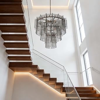 36" Tiered Smoked Glass Chandelier, Chandelier high Ceiling, 10-Light Staircase Chandelier High Ceiling with E26 Sockets, for Hallway, Foyer, Stairwell