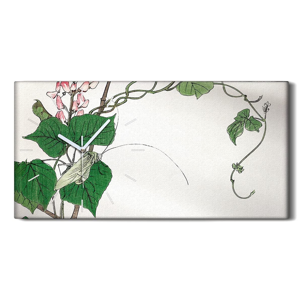 Horloge sur toile 60x30cm motif asiatique feuilles et insectes