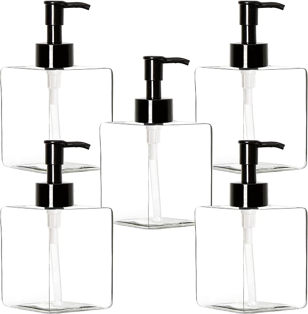 Youngever 5 Pack Clear Plastic Square Pump Bottles, Refillable Plastic Pump Bottles for Dispensing Lotions, Shampoos (350ML)