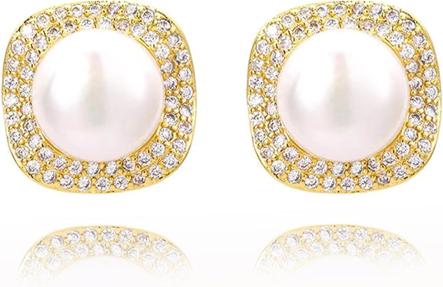 Pearl Earrings Studs 925 Sterling Silver 9MM Cultured Freshwater Pearl Cubic Zirconia Button Stud Earrings