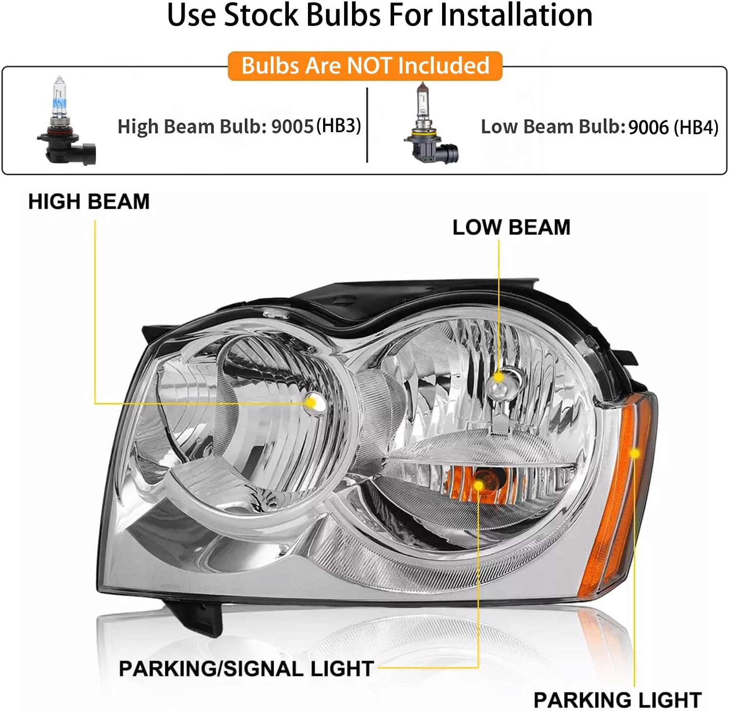 2PCS Headlights Assembly Set For 2005 2006 2007 Jeep Grand Cherokee(WK) Laredo Limited Overland SRT8 SUV Replacement Bumper Headlamps Passenger and Driver Side Chrome Housing Amber Reflector(LH&RH)
