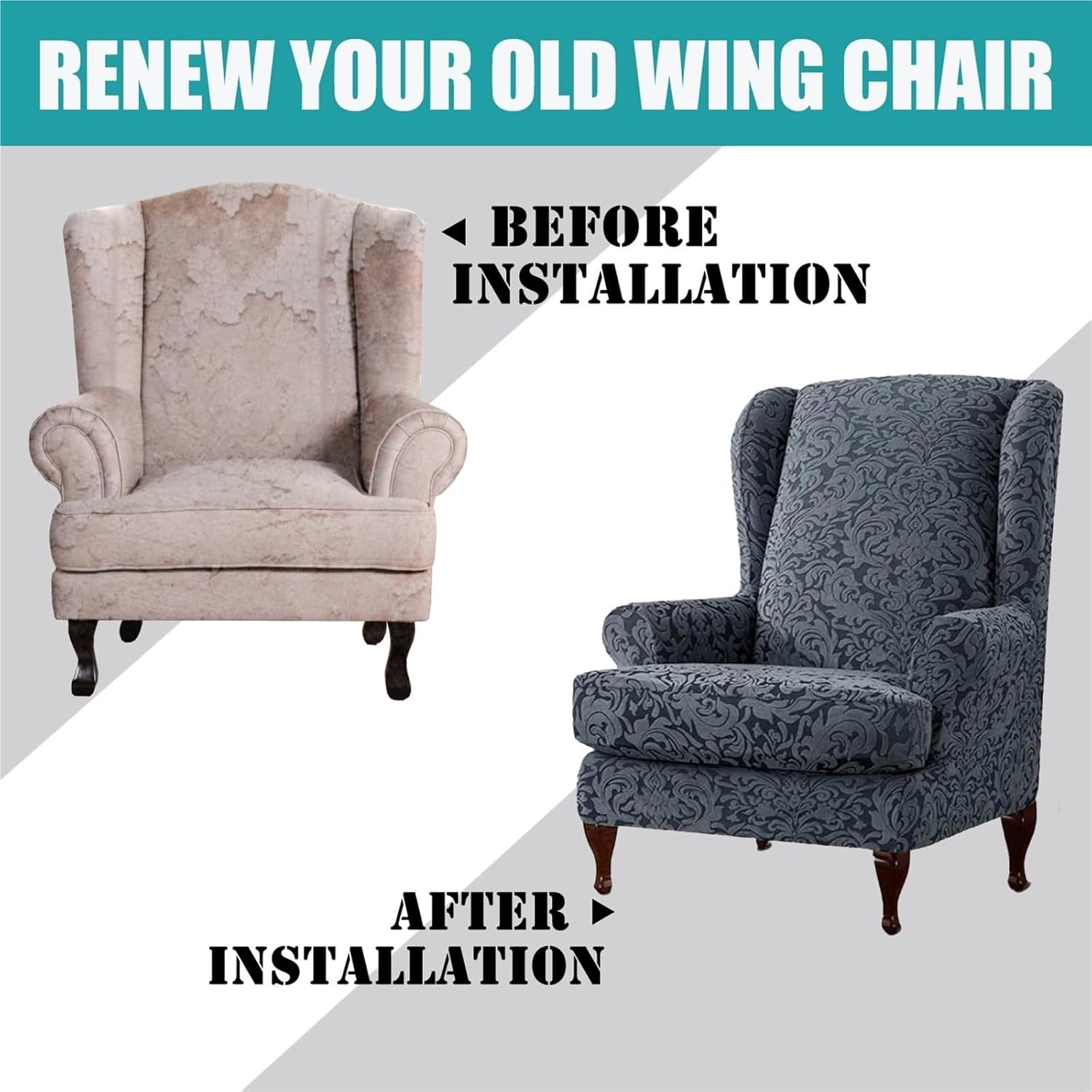 Wingback Chair Cover Slipcovers 2 Piece - Wing Back Chair Covers with Arms - Stretch Wing Chair Slipcover Furniture Protector Wing Chair Covers, Armchair Cover Chair Cover(Green)