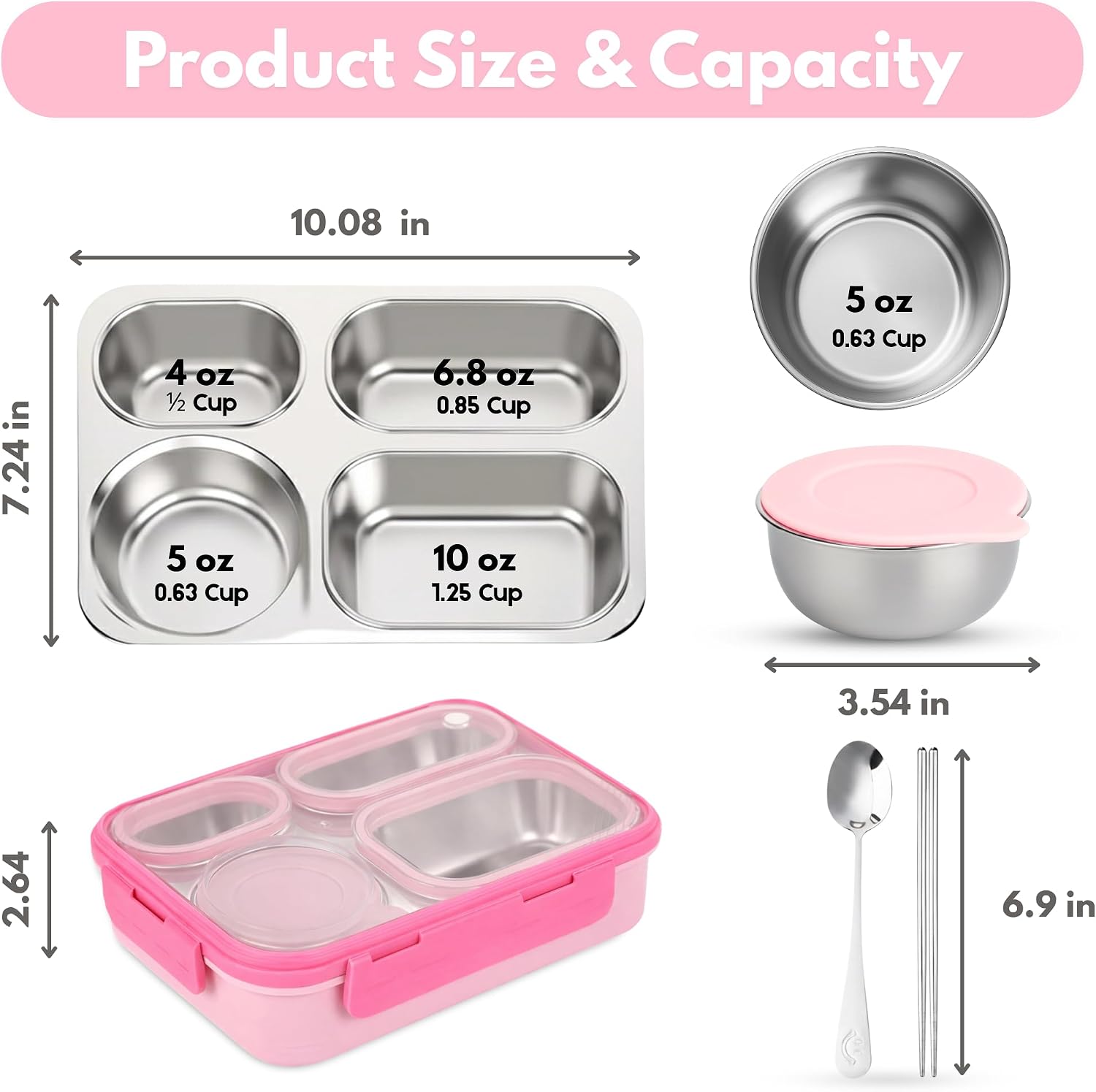 Homaze Kids Stainless Steel Bento Lunch Box, 4-Compartment Food Container with Condiment Cup, Chopsticks and Spoon, Leak-Resistant (Pink)