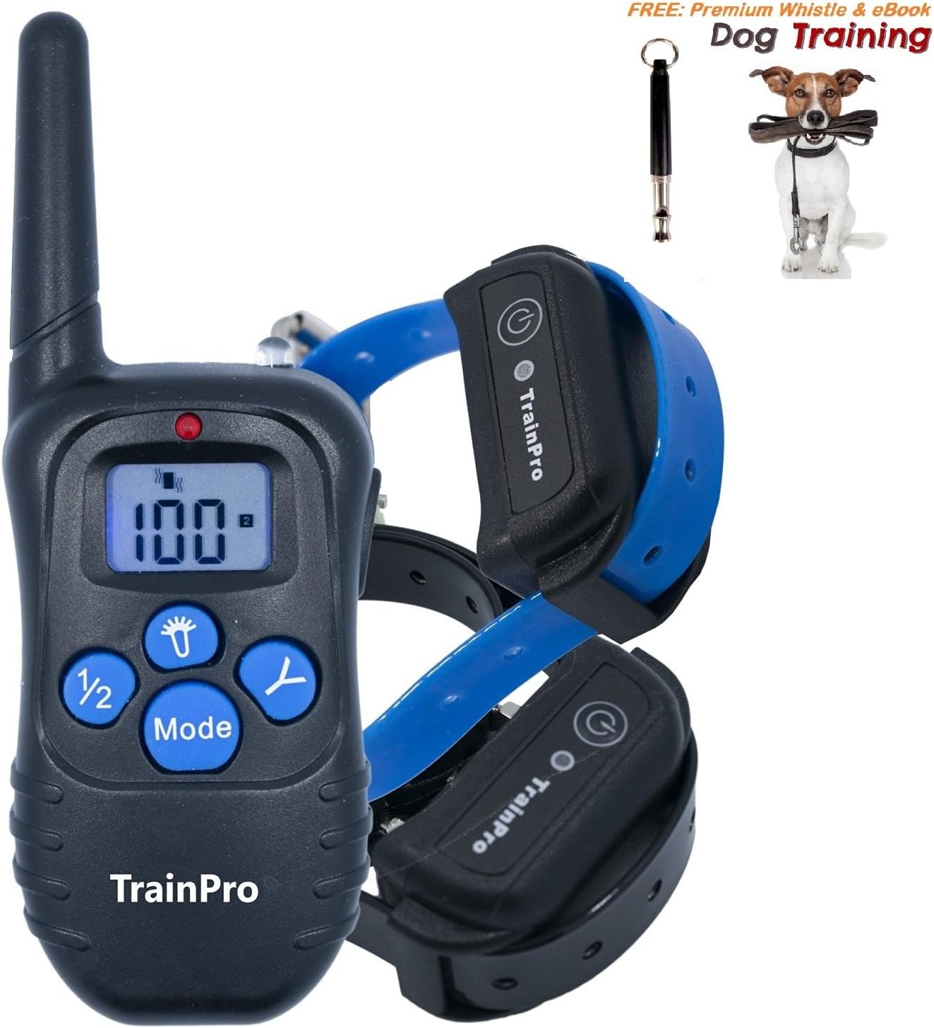 TrainPro PRO998 Electronic Dog Training Shock Collar 330 Yard Rechargeable Waterproof e-Collar System with Tone | Shock | Vibration Plus Bonus eBook and Dog Whistle