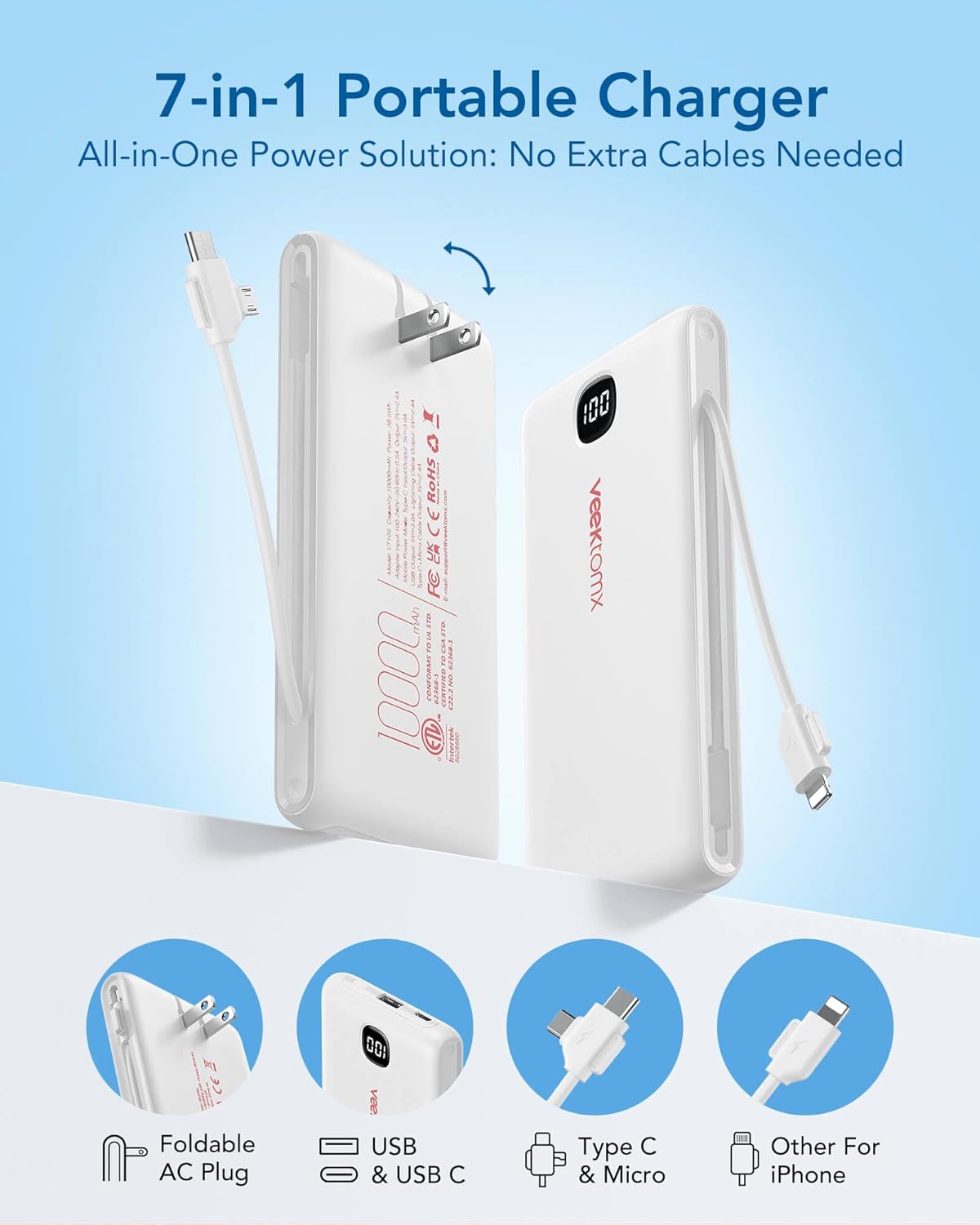  Portable Charger with Built-in Cables and AC Wall Plug, 10000mAh thumbnail