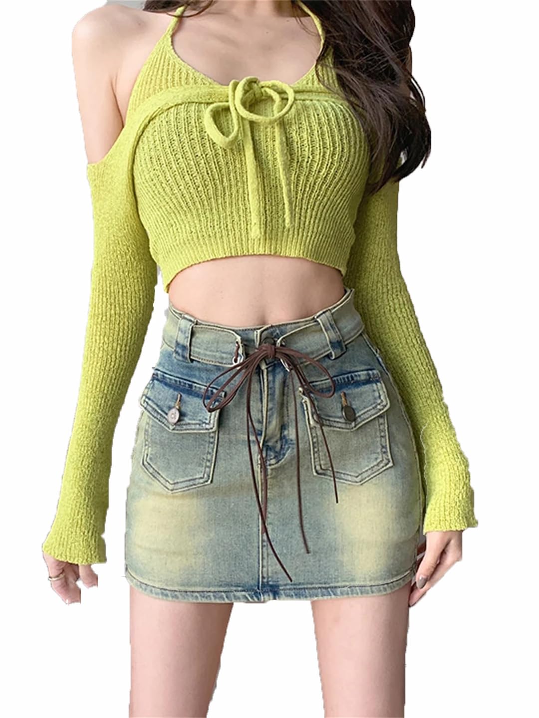 Minigonna vintage a vita alta da donna a trapezio in jeans