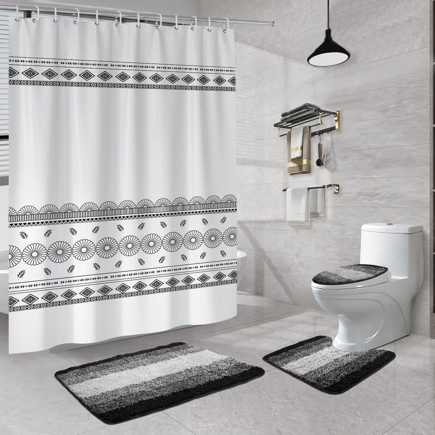 MDEAIEBI 4 Pcs Bathroom Shower Curtain Sets,Bathroom Sets with Shower