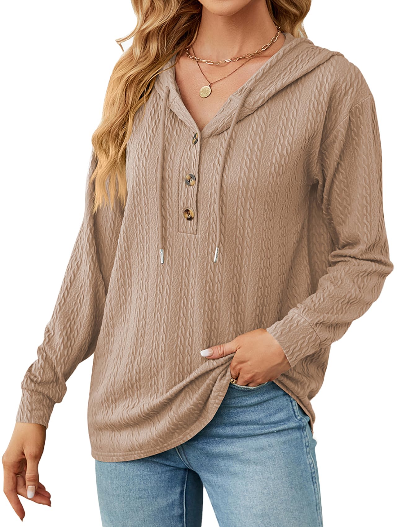 BIUBIUWomen's V Neck Hoodies Long Sleeve Sweatshirt Drawstring Pullover Workout Tops with Button Fashion Fall Outfits