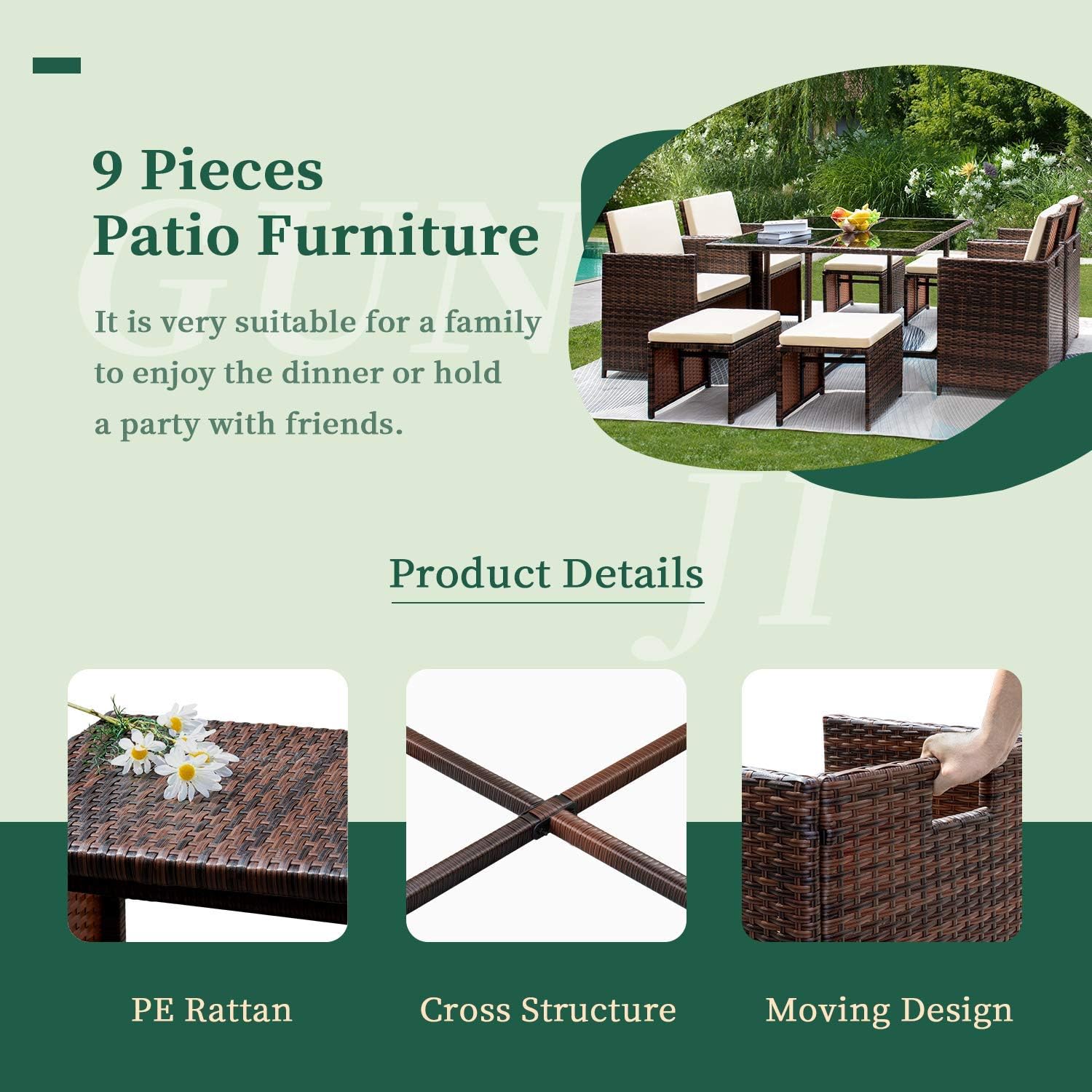 GUNJI 9 Pieces Patio Dining Sets Outdoor Table and Chairs Patio Dining Table Set with Space Saving Rattan Chairs Patio Furniture Sets Cushioned Seating and Back (Beige) : Patio, Lawn & Garden