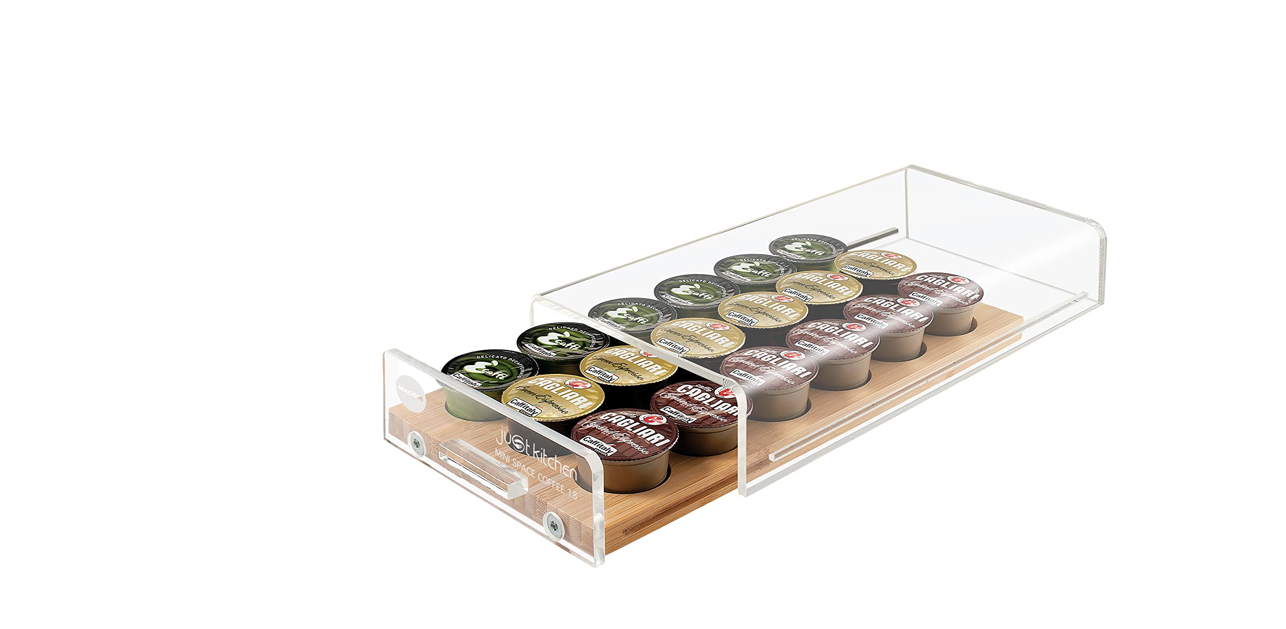 MACOM Dispenser Portacapsule Universale per Macchine Caffè, 18 capsule, cassetto in bambù, Just Kitchen 836 Mini Space Coffee