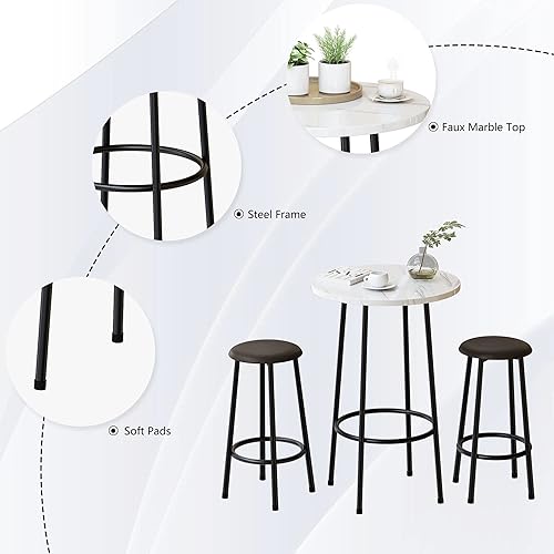 Miniatura 5 de MIERES 3 piezas de comedor altura de encimera de cocina juego de mesa de bar moderno con parte superior de mármol sintético y 2 taburetes rincón de