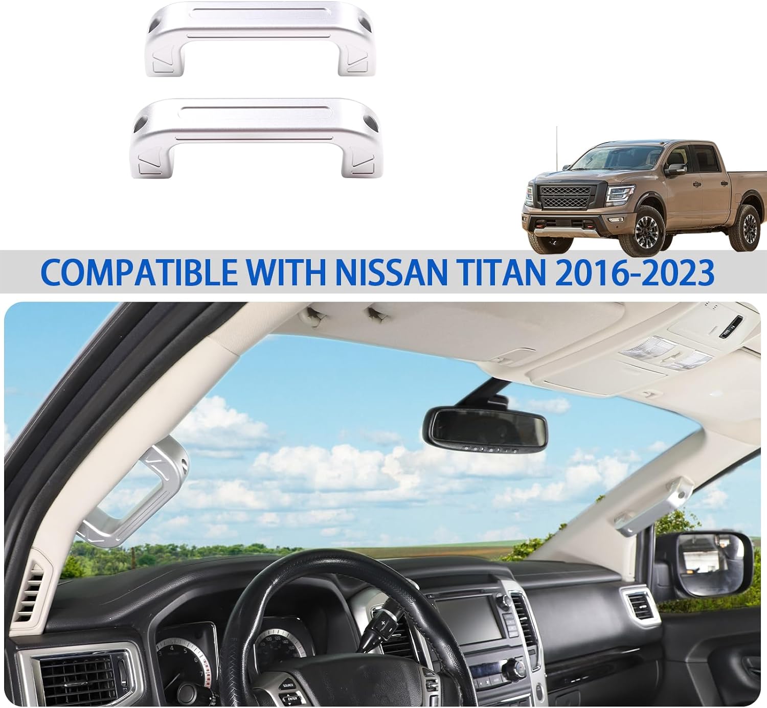 Car A-Pillar Grab Handle Replacement Compatible with Nissan Titan 2016-2023, Aluminum Interior A-Pillar Grab Handle Replacement Kit, 2PCS (Silver)