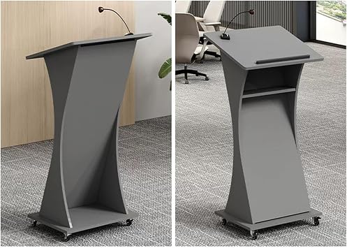 Wooden Church Pulpit on Wheels Mobile Lectern Stand with Locking Casters, Portable Presentation Podium for Sermons, Seminars, Classrooms & AuditoriumsColorPremium Grey