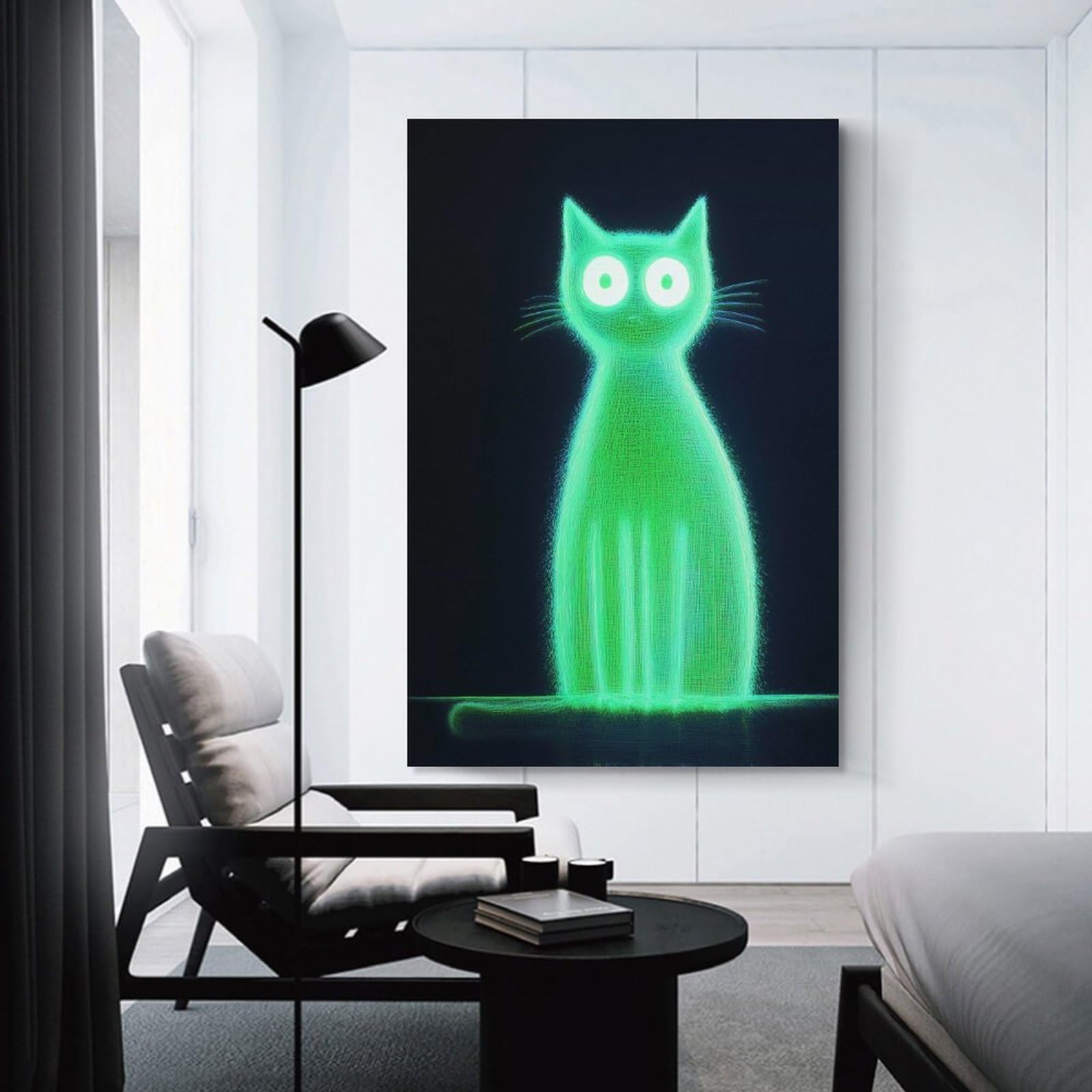 Junmoney Neon Green Cat Wall Art Print, 16x24inch(40x60cm), for Workspace Walls, Study Corners Or Bedrooms, A Smart Decor Choice for Study Walls