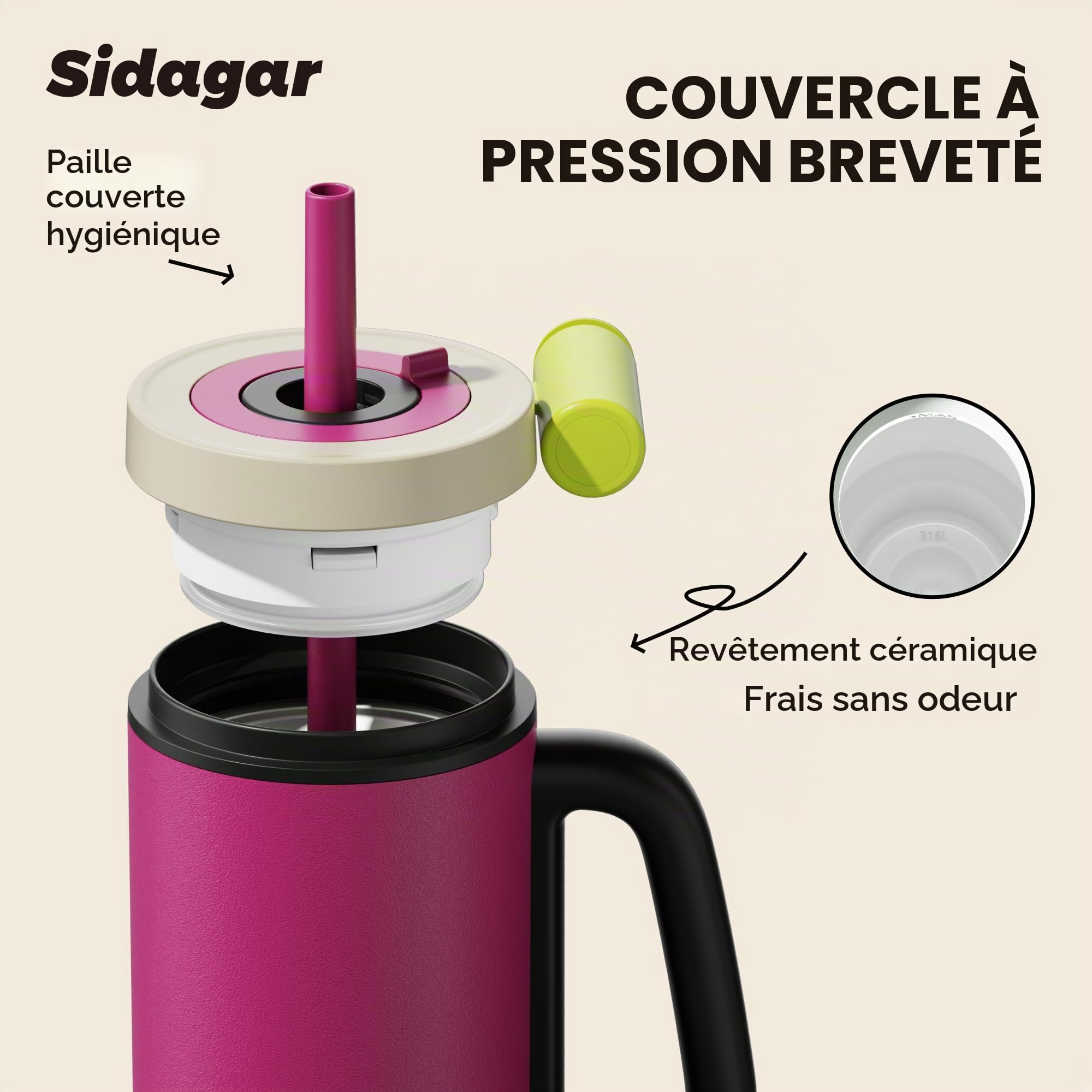 Gourde Isotherme 1,1L avec Paille et Poignée, Mug Isotherme Inox 316L, Bouteille d’Eau Anti Fuite, Thermos Grande Capacité, Compatible Porte-Gobelet, Violet