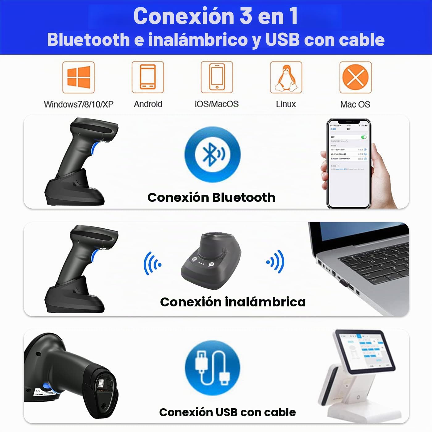 LENVII Bluetooth Lector Codigo De Barras Inalambrico 1D 2D QR Code Scanner Inalambrico/Cableado/Bluetooth 3 en 1 Escaner 2D con Base De Carga Inteligente Barcode Scanner Soporta iOS y Android