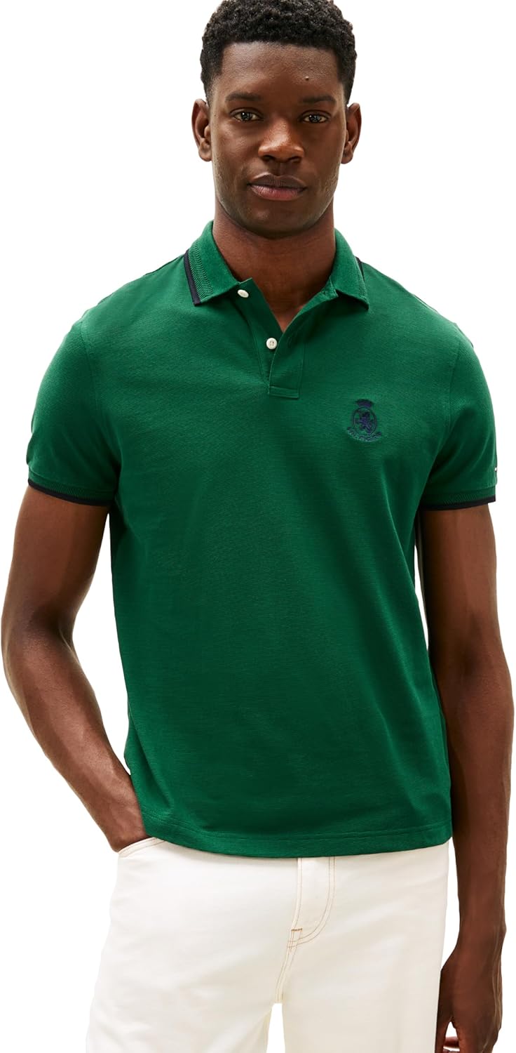Tommy Hilfiger Men's Short Sleeve Casual Polo Shirts in Regular Fit with Embroidered Crest Design
