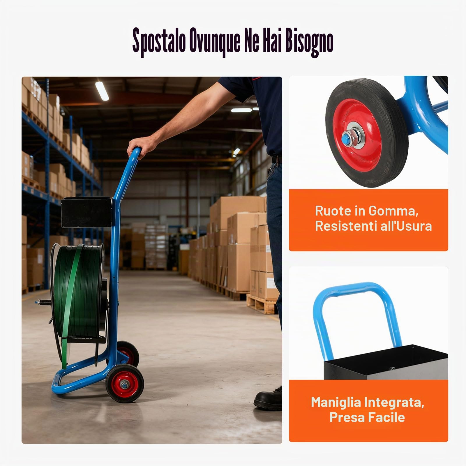 Carrello per Reggiatura, Carrello per Fascette da Imballaggio Professionale con Ruote per Reggia PP/PET/Fibra da 203 mm Fino a 70 kg, Magazzino e Uso Esterno