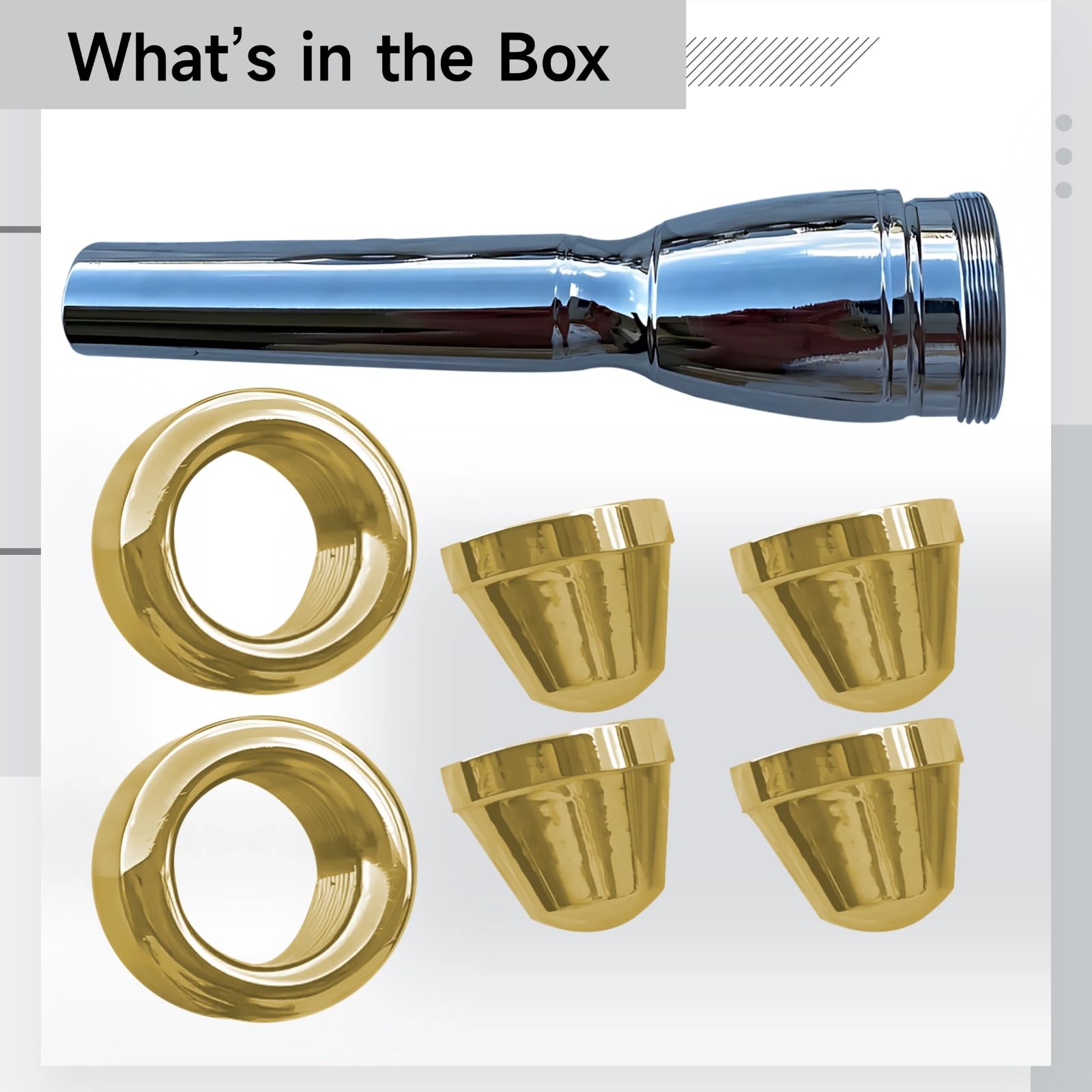 Set di 7 bocchini per tromba con placcatura in oro, include misure 3C 2C 3B 2B e 2 teste di ricambio, struttura in ottone, accessorio versatile per strumenti musicali per trombettisti