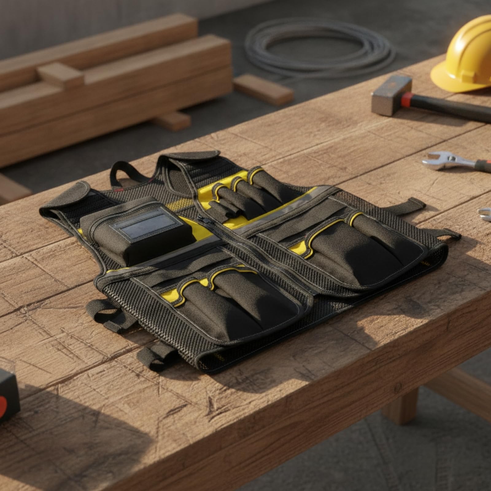 Chaleco Trabajo con Bolsillos Cómodo | Acolchado, Chaleco para Herramientas Tela Oxford, Ajustable, construcción, Almacenes, Electricistas, Carpinteros, Negro