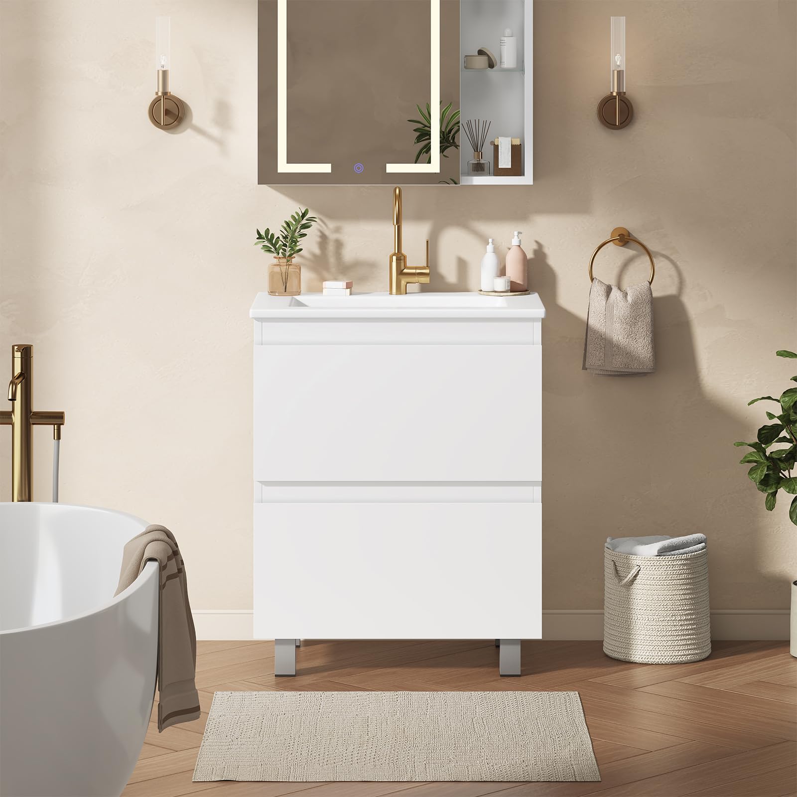 KIMENICH Waschtisch mit Unterschrank 60 cm, Waschbeckenunterschrank, Badezimmerschrank mit 2 großen Schubladen, Unterschrank Waschbecken mit Füßen, Viel Stauraum, 61 x 46.5 x 87 cm, Weiß