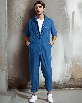HISEA Men's Short Sleeve Zip-Up Coverall - Twill, Stain Resistant, 7 Pockets (Summer Work Jumpsuit)