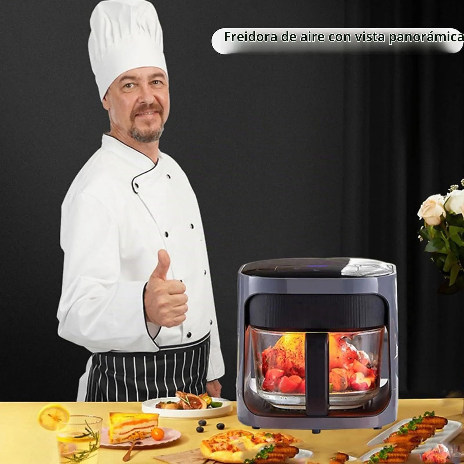 Freidora de Aire sin Aceite 6L con Ventana Visible, Air Fryer con Pantalla LED Táctil, 7 Menús, Temperatura Regulable, Cesta de Vidrio, 1200W